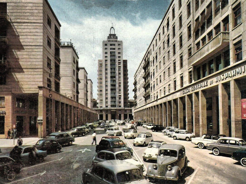 Piazzale Ungheria e l'imponente grattacielo INA - Palermo, 1963